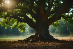 the sun shines through the tree trunk of an oak tree. AI-Generated photo