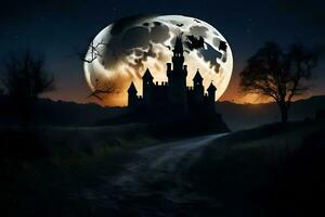 a castle in the moonlight with bats flying over it. AI-Generated photo