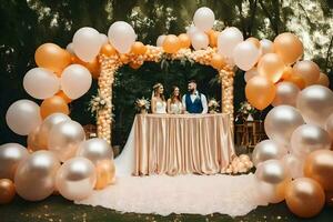 a bride and groom are surrounded by balloons. AI-Generated photo