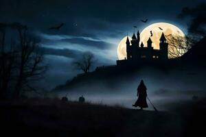 halloween, witch, castle, moon, spooky, night, halloween, witch. AI-Generated photo