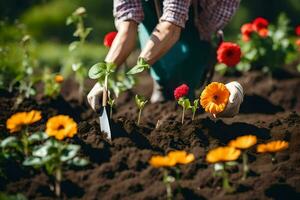 a woman is planting flowers in the garden. AI-Generated photo