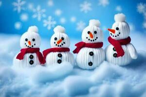 four snowmen are standing in a row. AI-Generated photo