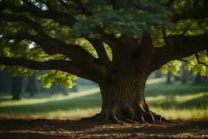 un grande árbol en el medio de un campo. generado por ai foto