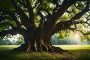 el Dom brilla mediante el maletero de un grande árbol. generado por ai foto