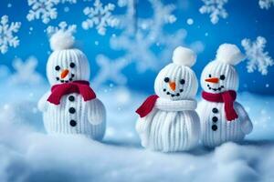 three snowmen wearing scarves and hats in the snow. AI-Generated photo