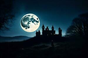 a castle in the dark with a full moon. AI-Generated photo