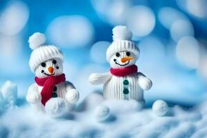 two snowmen are sitting on a blue background. AI-Generated photo