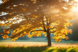 a tree in the sun with leaves falling. AI-Generated photo