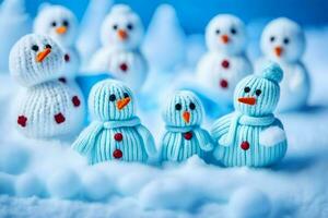 a group of small snowmen are standing in the snow. AI-Generated photo