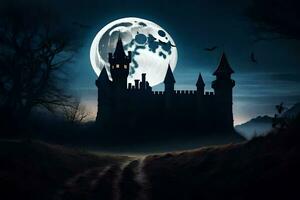 halloween castle with full moon in the background. AI-Generated photo