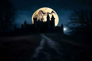 a castle with bats flying over it at night. AI-Generated photo