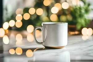 a white mug on a table with blurred lights. AI-Generated photo