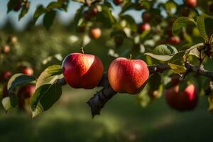 dos manzanas son colgando en un árbol rama. generado por ai foto