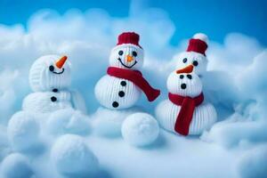 three snowmen are sitting on a blue background. AI-Generated photo