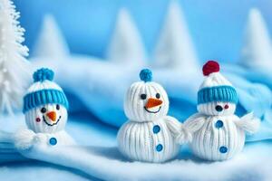 three snowmen are sitting on a blue background. AI-Generated photo