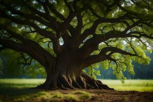 un grande árbol en el medio de un campo. generado por ai foto