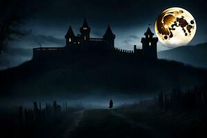a castle in the dark with a full moon. AI-Generated photo