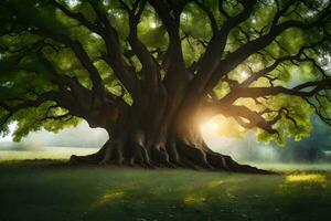 el Dom brilla mediante el árbol en el medio de un campo. generado por ai foto