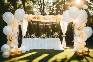 a wedding arch with white and gold balloons. AI-Generated photo