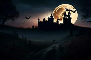 halloween castle, bats, moon, night, castle, halloween, night sky,. AI-Generated photo