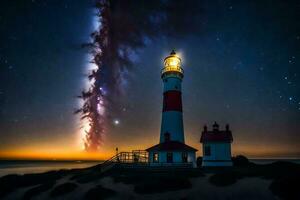 a lighthouse with a star trail in the sky. AI-Generated photo