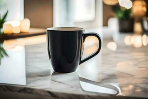 a black coffee mug on a marble counter. AI-Generated photo