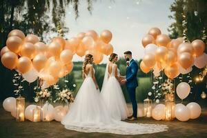 wedding couple standing in front of a large balloon arch. AI-Generated photo