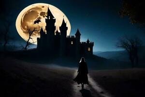 a woman walks towards a castle at night with a full moon. AI-Generated photo