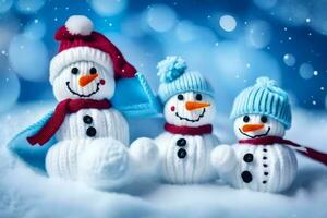 Tres muñecos de nieve vistiendo sombreros y bufandas. generado por ai foto
