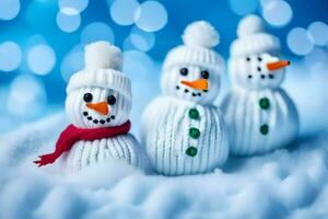 three snowmen wearing knitted hats and scarves. AI-Generated photo