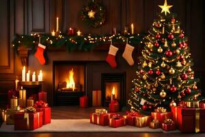 christmas tree and presents in front of fireplace. AI-Generated photo