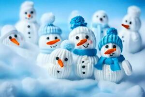 snowmen are made of knitted hats and scarves. AI-Generated photo