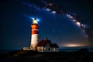 a lighthouse with stars in the sky and a lighthouse in the foreground. AI-Generated photo