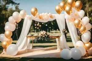 a wedding ceremony with white and gold balloons. AI-Generated photo