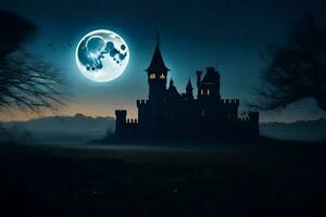 a castle in the dark with a full moon. AI-Generated photo