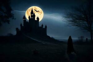 a person in a black cloak walks towards a castle in the dark. AI-Generated photo