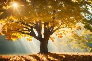 a tree in the sun with leaves falling. AI-Generated photo