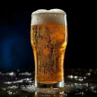 A glass of cold fresh beer with cap of foam. Splash of foam with tasty american beer. Beer day concept by AI Generated photo