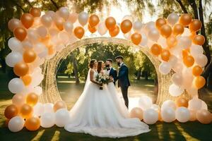 wedding couple in the park with orange and white balloons. AI-Generated photo