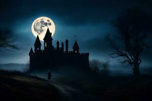 a castle in the dark with a full moon. AI-Generated photo