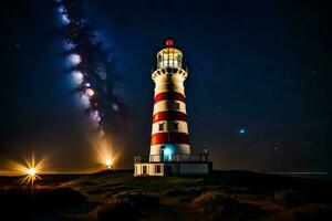 a lighthouse is lit up at night with stars in the sky. AI-Generated photo