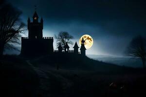 a castle in the dark with a full moon. AI-Generated photo