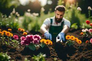 a man is working in the garden with flowers. AI-Generated photo