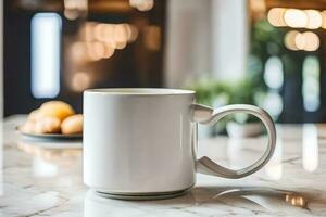 a white mug sitting on a marble counter. AI-Generated photo