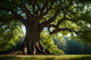 a large tree in the middle of a field. AI-Generated photo