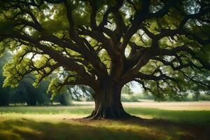 un roble árbol en un campo con césped y arboles generado por ai foto