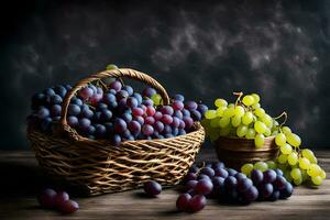 grapes in a basket on a dark background. AI-Generated photo