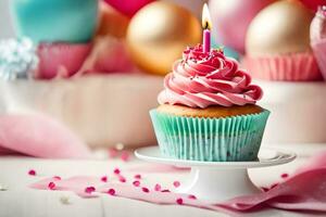 a cupcake with pink frosting and a lit candle. AI-Generated photo