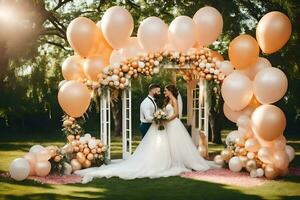 a bride and groom are standing under an arch of balloons. AI-Generated photo