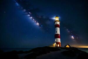 a lighthouse is lit up by the stars and the milky way. AI-Generated photo